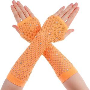 Women's Rhinestone Orange Sparkly Halloween Cosplay Fingerless Long Gloves